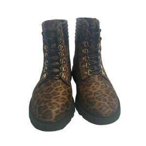 JUST FAB Women’s Claudine E Booties Leopard Black Lace Up Boots